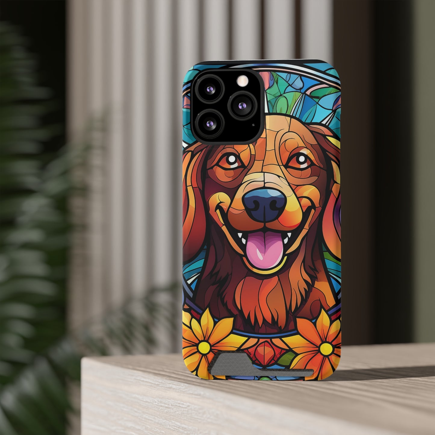 Stained Glass Dachshund Phone Case, Trendy Wallet Case for Dog Lovers, Cute Card Holder Cover