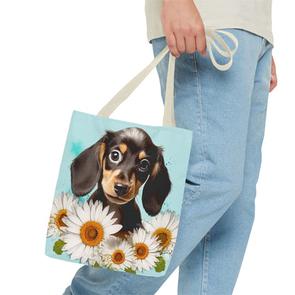 Adorable Black and Tan Dachshund Puppy Tote Bag Bright and Cheerful Weiner