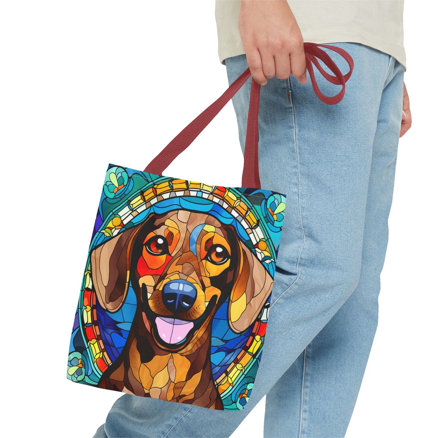 Stained Glass Red Dachshund Puppy Tote Bag Bright and Cheerful Weiner