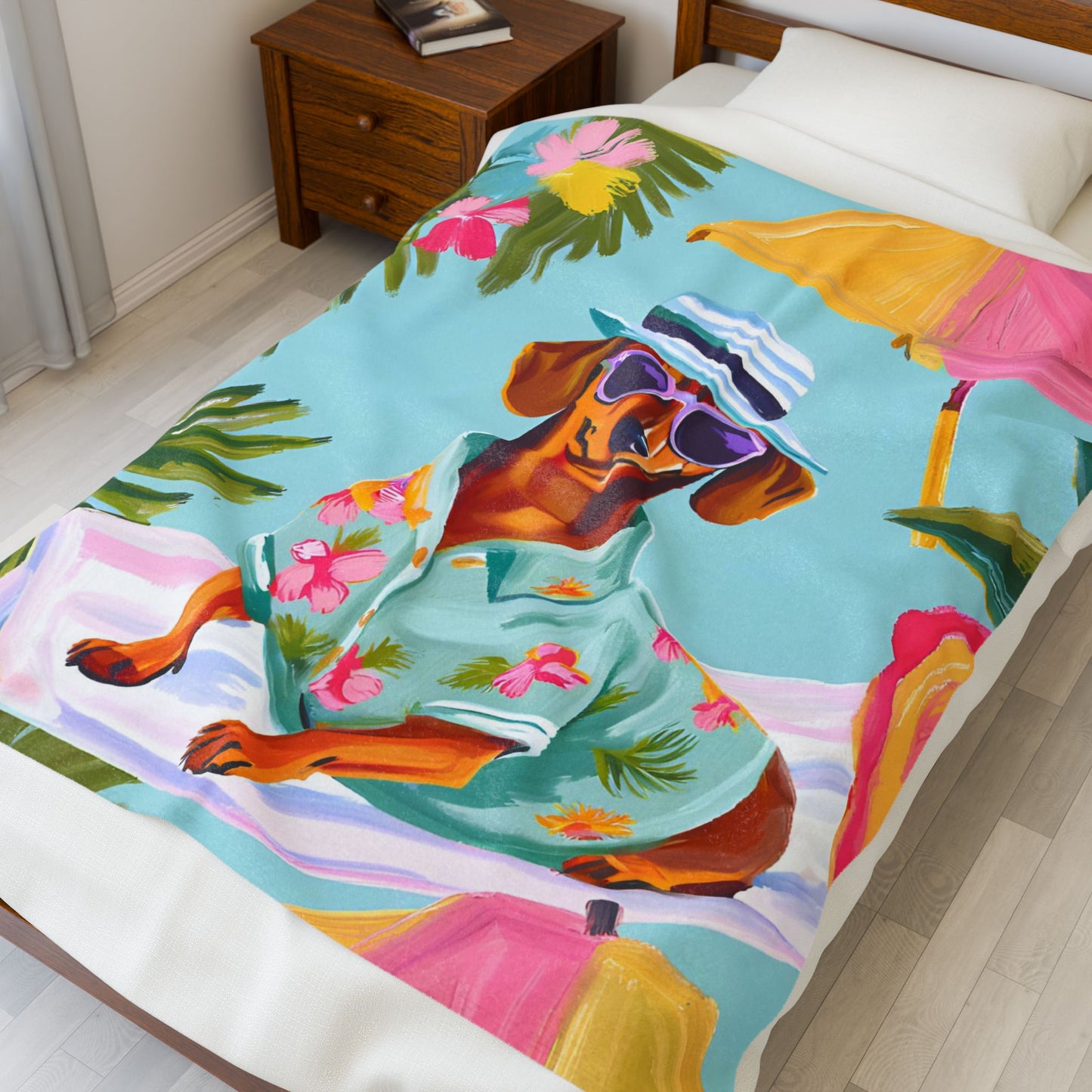 Vibrant Summer Dachshund Blanket, Cozy Throw, Dog Lover Gift, Animal Print Bedding, Weiner Dog