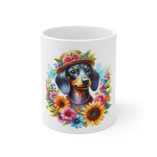 Gorgeous Floral Dachshund Mug Cute Dog Lover Gift, Fun Coffee Cup Weiner Dog