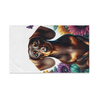 Dachshund Patterned Hand Towel, Cute Pet Bathroom Decor, Weiner Dog Tea Towel, Animal Lover Gift Floral