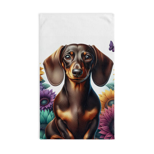 Dachshund Patterned Hand Towel, Cute Pet Bathroom Decor, Weiner Dog Tea Towel, Animal Lover Gift Floral
