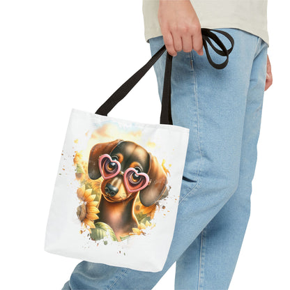 Adorable Red Dachshund Puppy Tote Bag Bright and Cheerful Weiner Sunflowers