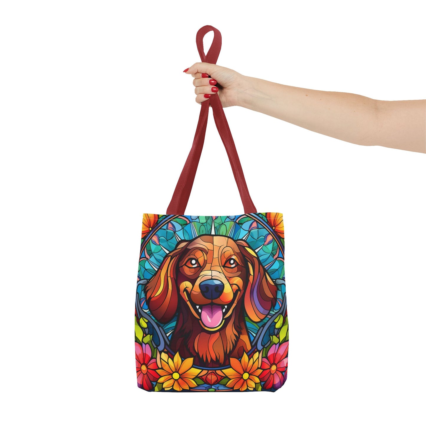 Stained Glass Red Dachshund Puppy Tote Bag Bright and Cheerful Weiner