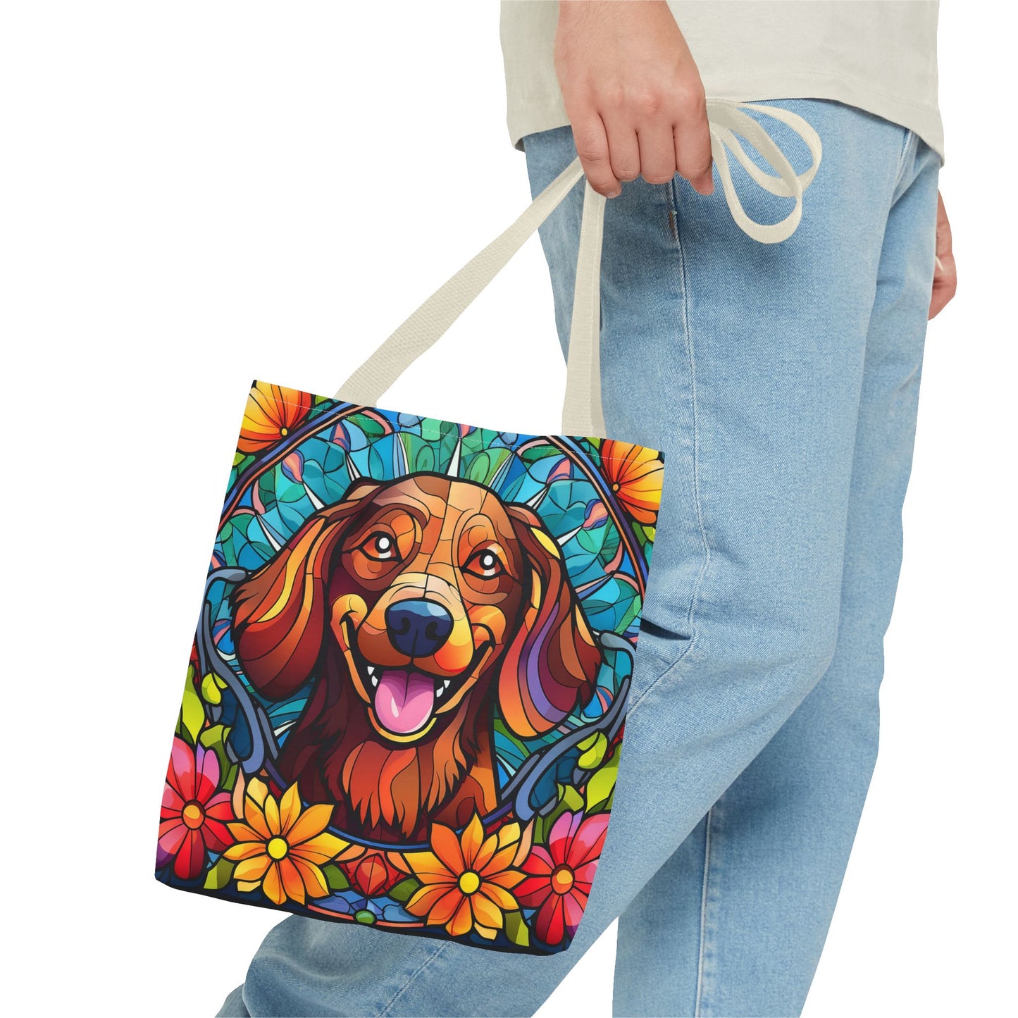 Stained Glass Red Dachshund Puppy Tote Bag Bright and Cheerful Weiner