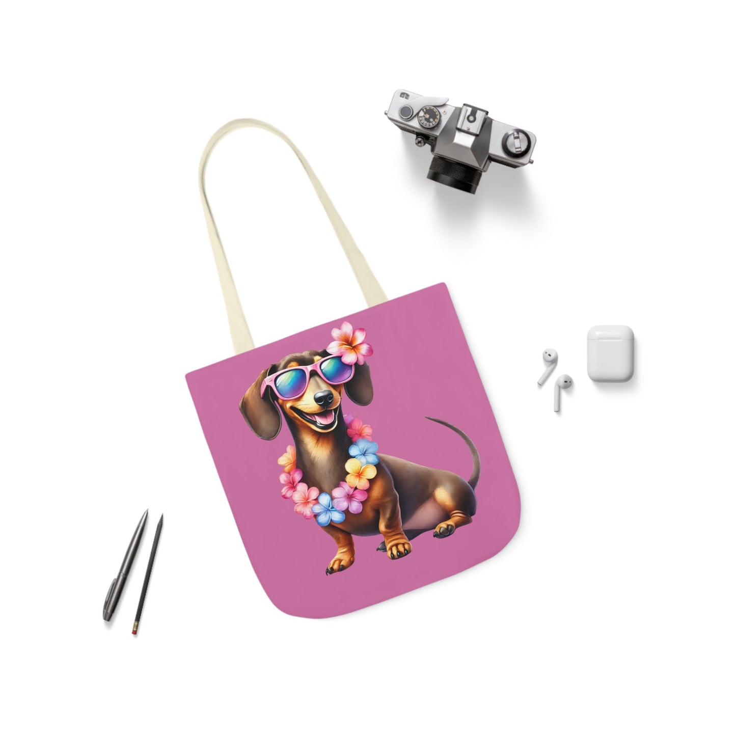 Dog Lover's Canvas Tote Bag - Fun Dachshund Design, Beach, Travel Pet Hawaii Lei