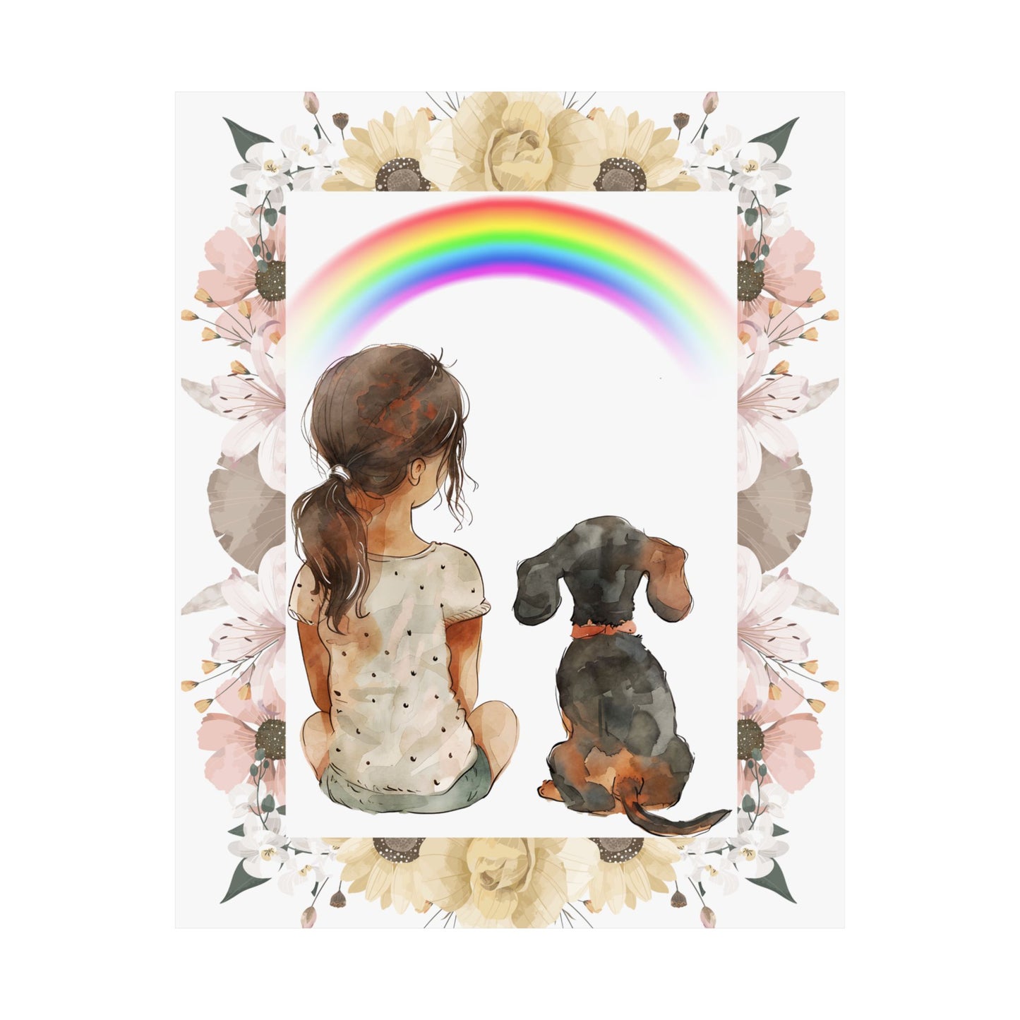 Gorgeous Vertical Poster Watercolor Girl Dachshund Staring at a Rainbow Wall Art