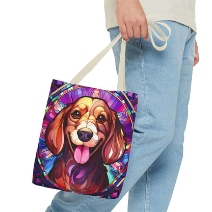 Stained Glass Red Dachshund Puppy Tote Bag Bright and Cheerful Weiner
