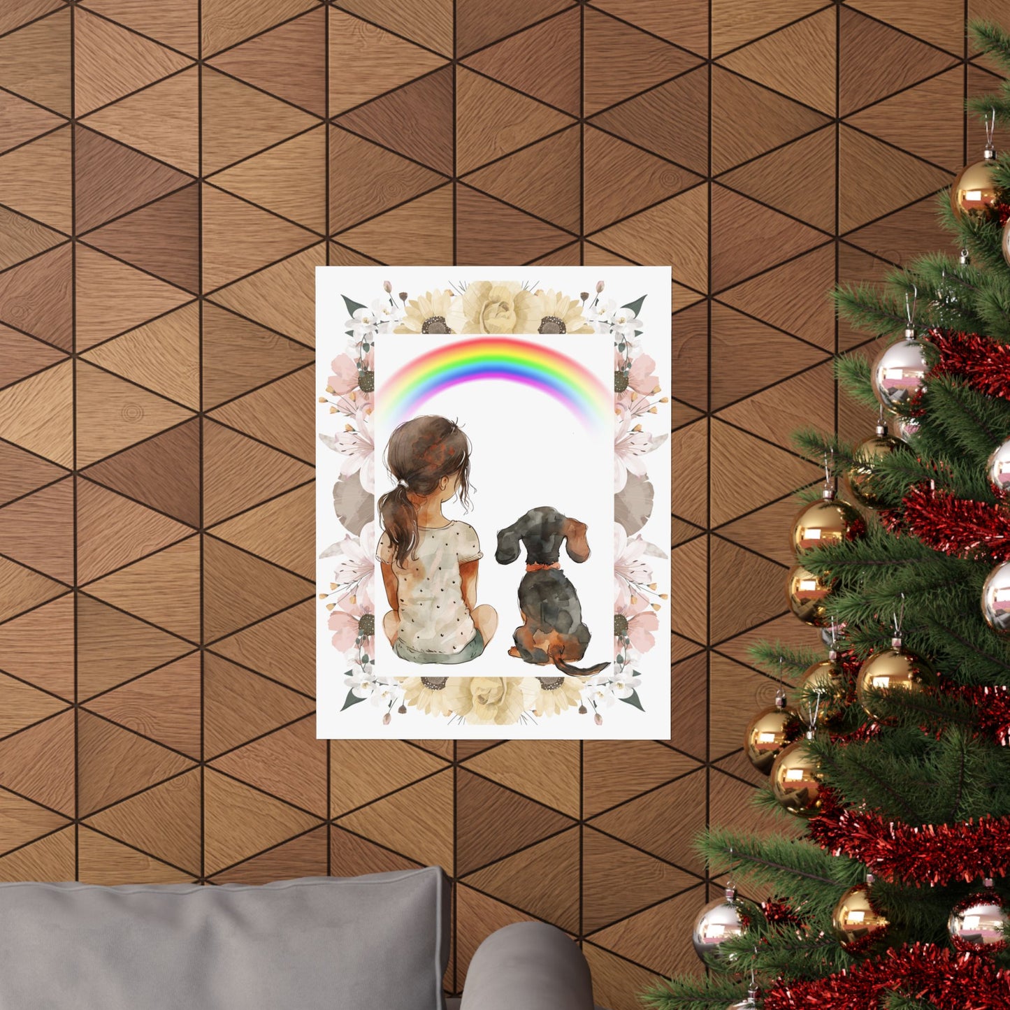 Gorgeous Vertical Poster Watercolor Girl Dachshund Staring at a Rainbow Wall Art