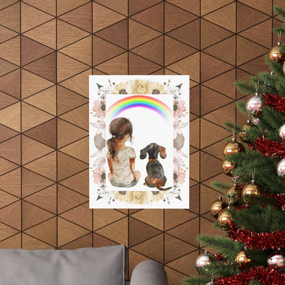 Gorgeous Vertical Poster Watercolor Girl Dachshund Staring at a Rainbow Wall Art