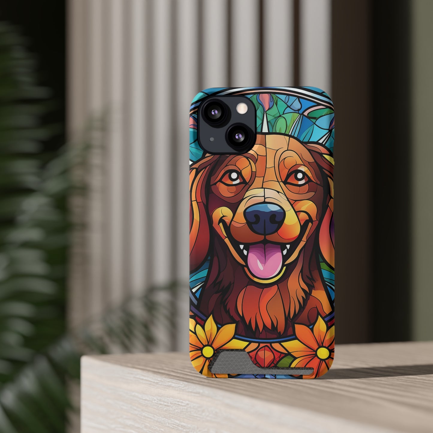 Stained Glass Dachshund Phone Case, Trendy Wallet Case for Dog Lovers, Cute Card Holder Cover