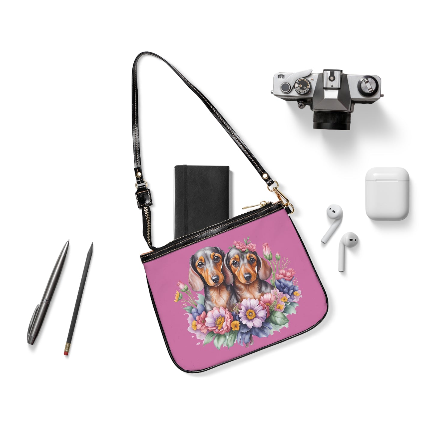 Floral Dachshund Small Shoulder Bag, Pink Crossbody Purse for Dog Lovers, Cute
