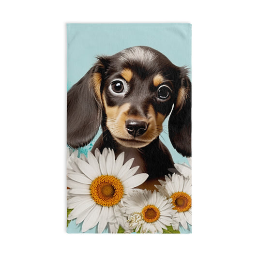 Dachshund Puppy Hand Towel, Cute Pet Bathroom Decor, Weiner Dog Tea Towel, Animal Lover Gift Floral