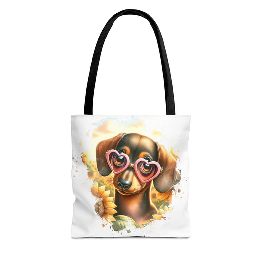 Adorable Red Dachshund Puppy Tote Bag Bright and Cheerful Weiner Sunflowers