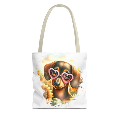 Adorable Red Dachshund Puppy Tote Bag Bright and Cheerful Weiner Sunflowers