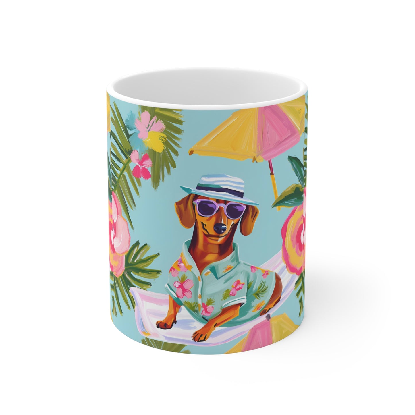 Summer Dachshund Mug, Cute Dog Lover Gift, Fun Coffee Cup Weiner Dog