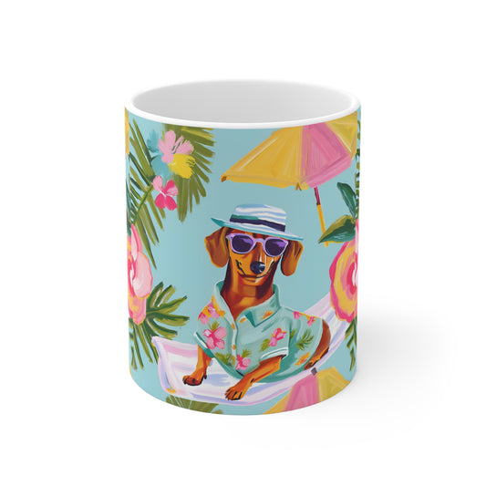 Summer Dachshund Mug, Cute Dog Lover Gift, Fun Coffee Cup Weiner Dog
