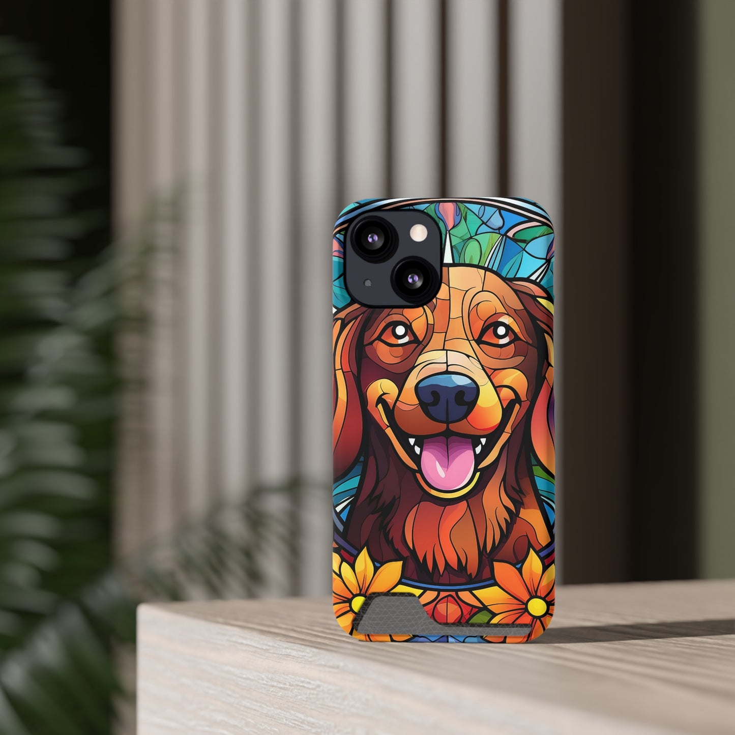 Stained Glass Dachshund Phone Case, Trendy Wallet Case for Dog Lovers, Cute Card Holder Cover