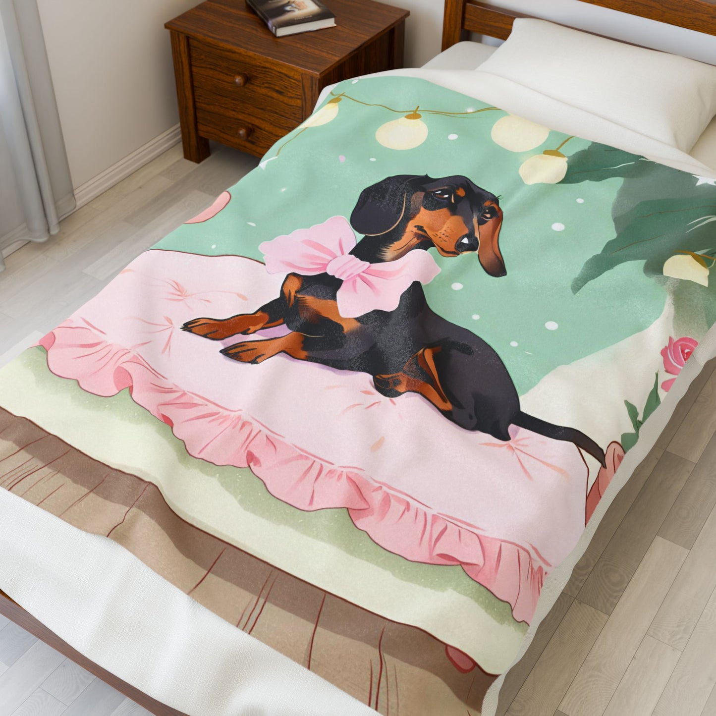 Fancy Pastel Springtime Dachshund Blanket, Cozy Throw, Dog Lover Gift, Animal Print Bedding, Weiner Dog Coquette
