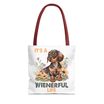 It's a Weinerful Life Red Dachshund Puppy Tote Bag Bright and Cheerful Weiner Sunflowers