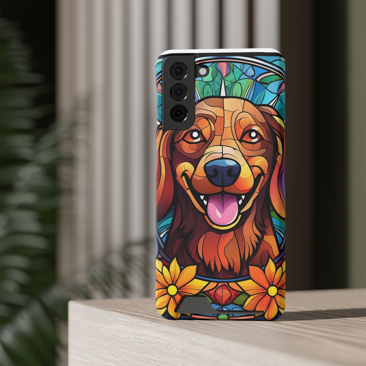 Stained Glass Dachshund Phone Case, Trendy Wallet Case for Dog Lovers, Cute Card Holder Cover