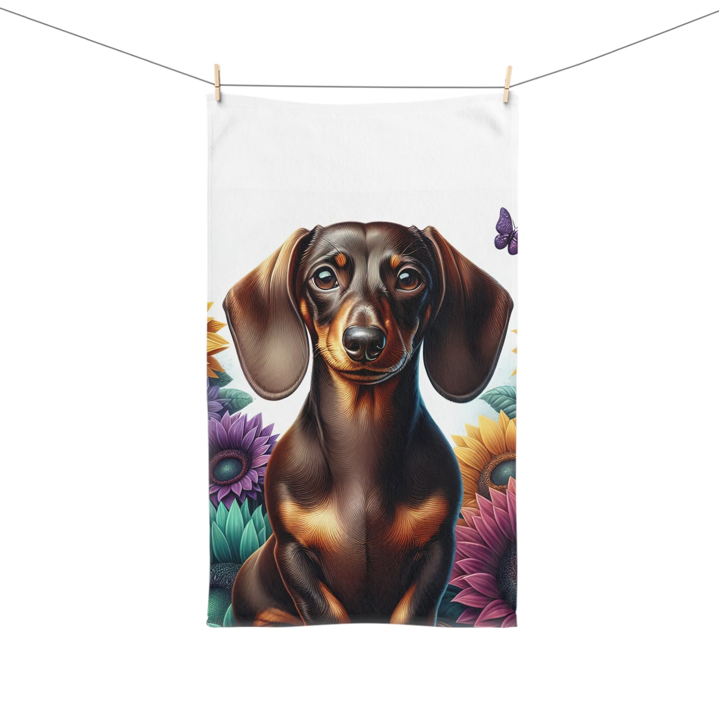 Dachshund Patterned Hand Towel, Cute Pet Bathroom Decor, Weiner Dog Tea Towel, Animal Lover Gift Floral