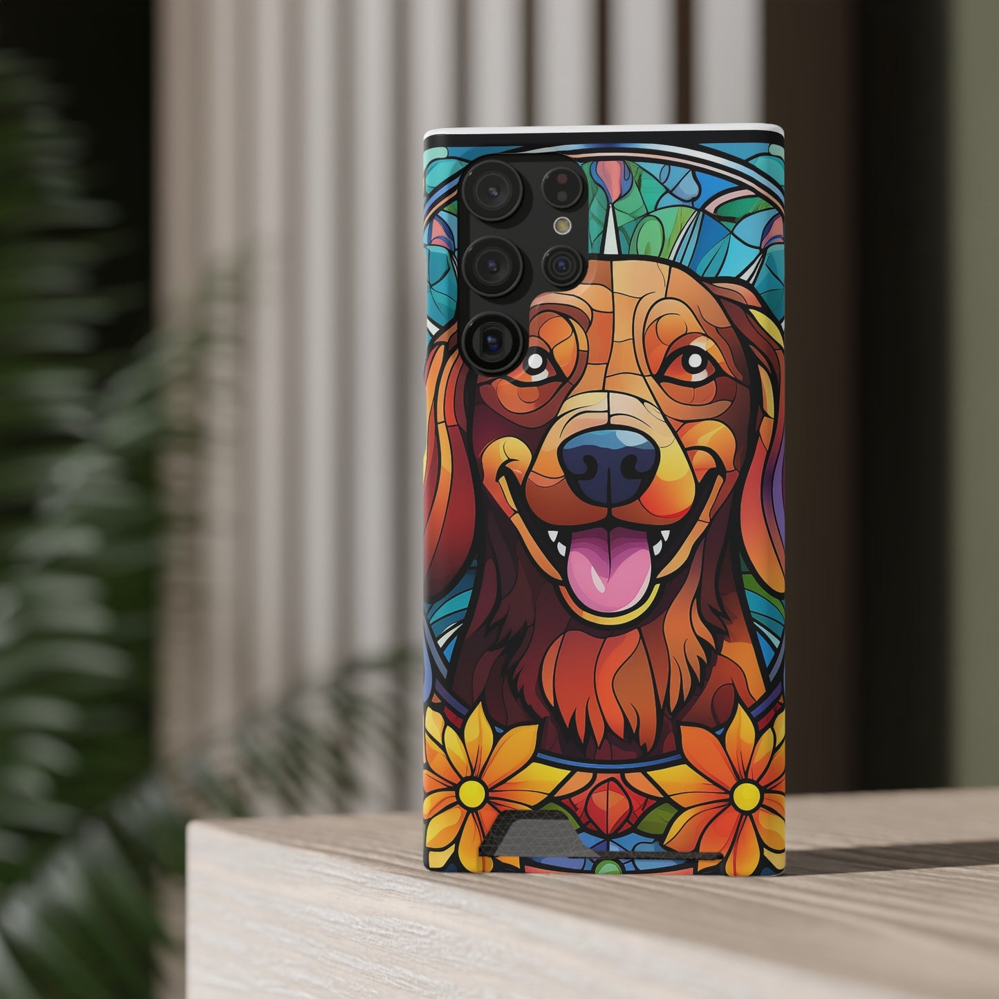 Stained Glass Dachshund Phone Case, Trendy Wallet Case for Dog Lovers, Cute Card Holder Cover