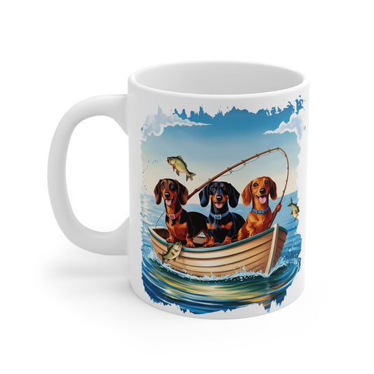 Fishing Dachshunds Mug Cute Dog Lover Gift, Fun Coffee Cup Weiner Dog