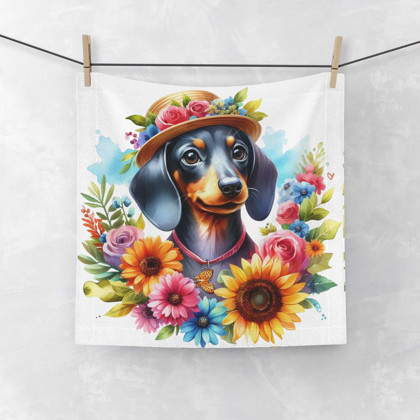 Floral Dachshund Face Towel, Dog Lover Gift, Pet Accessory, Bathroom Décor,