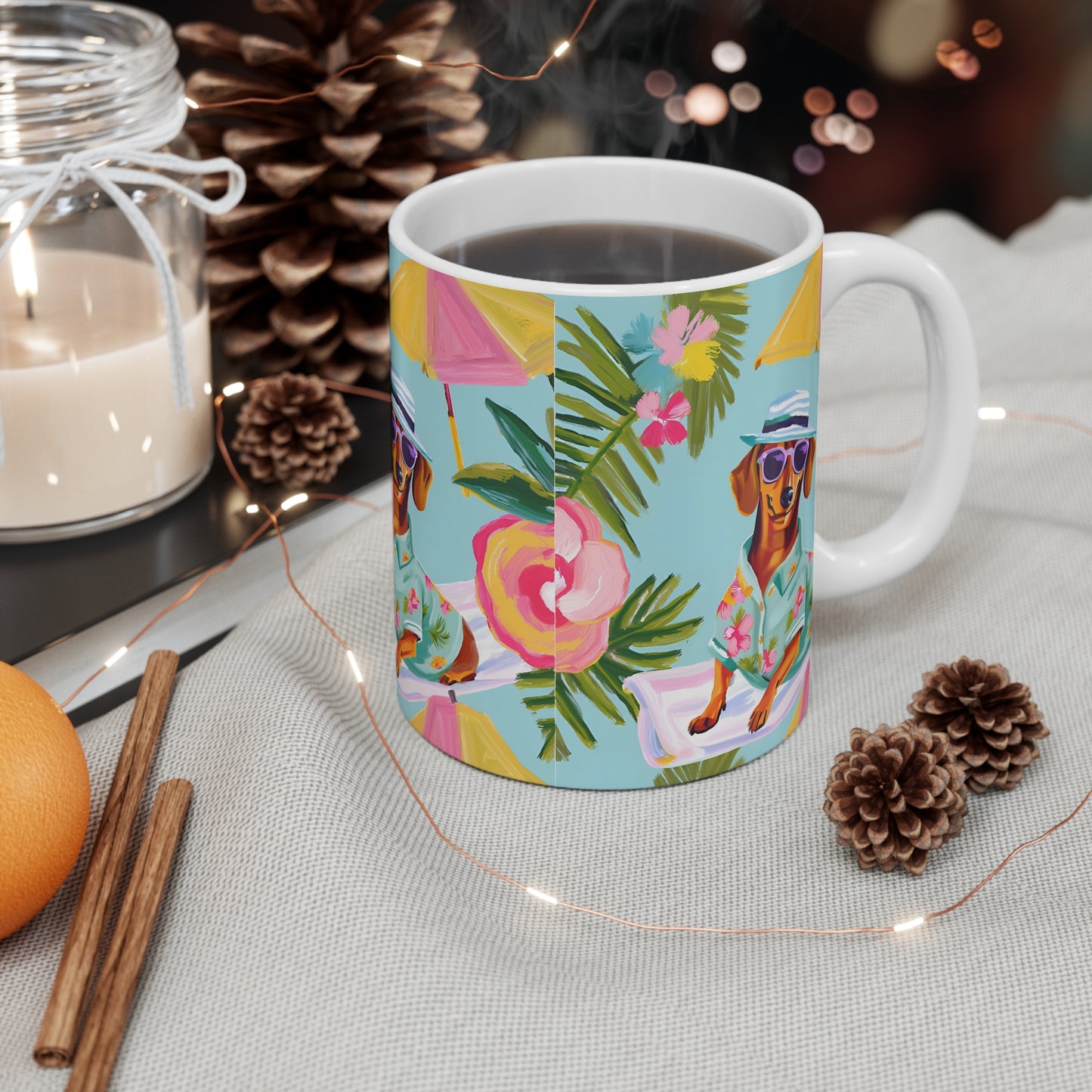 Summer Dachshund Mug, Cute Dog Lover Gift, Fun Coffee Cup Weiner Dog