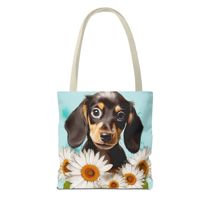 Adorable Black and Tan Dachshund Puppy Tote Bag Bright and Cheerful Weiner