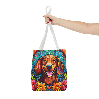 Stained Glass Red Dachshund Puppy Tote Bag Bright and Cheerful Weiner
