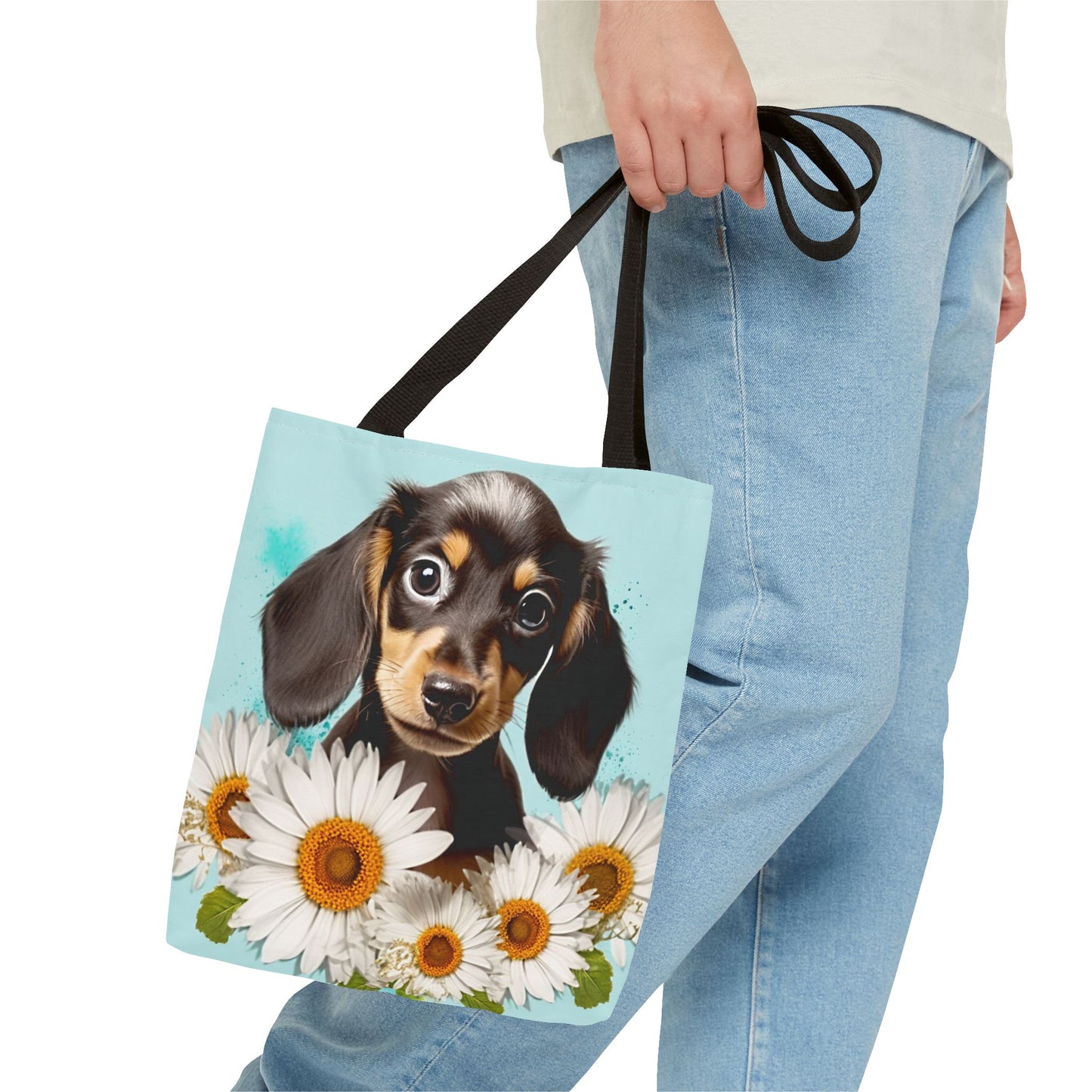 Adorable Black and Tan Dachshund Puppy Tote Bag Bright and Cheerful Weiner