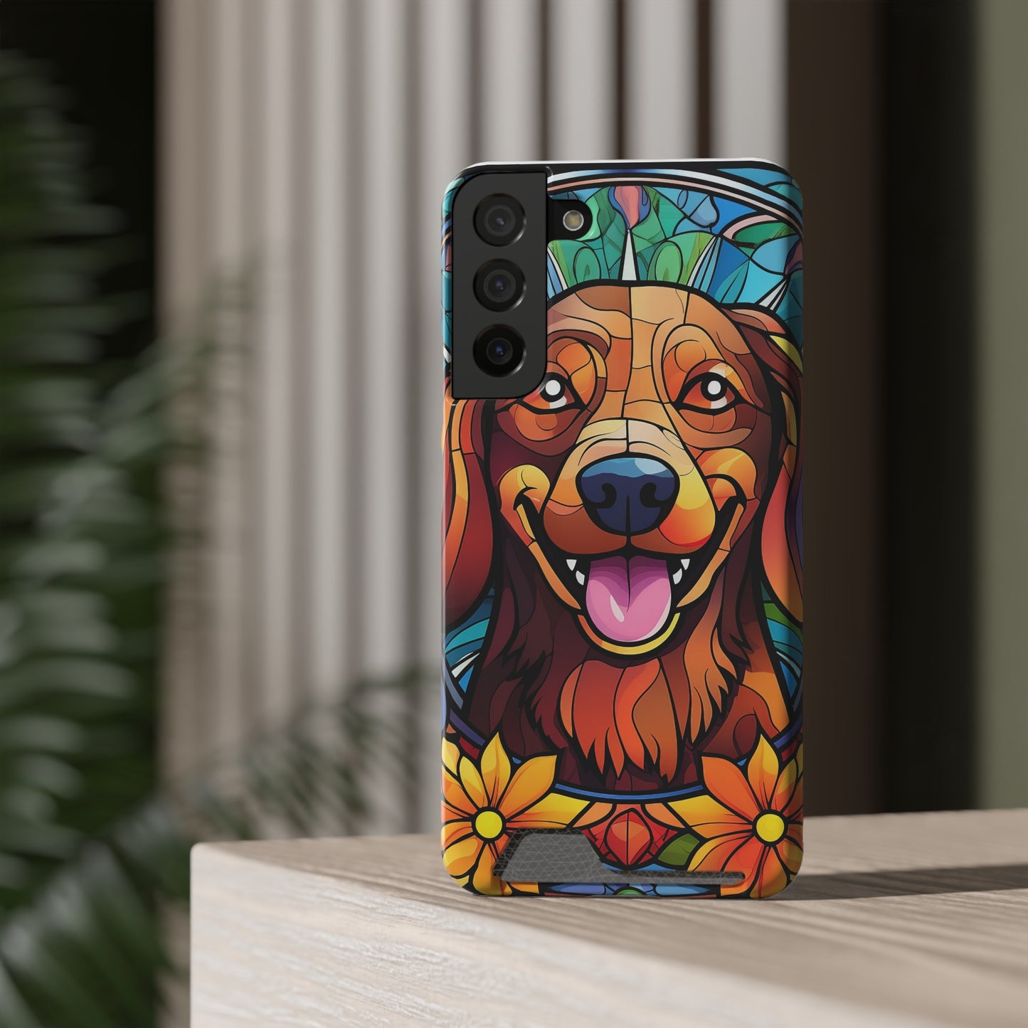 Stained Glass Dachshund Phone Case, Trendy Wallet Case for Dog Lovers, Cute Card Holder Cover