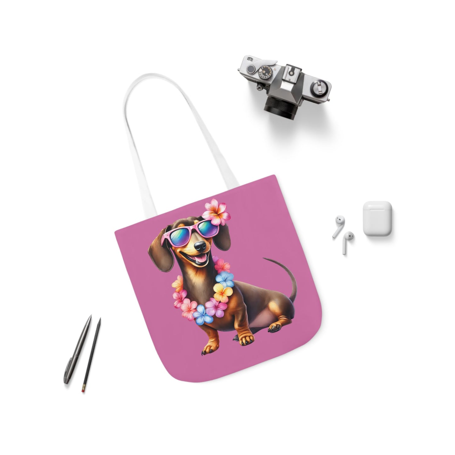 Dog Lover's Canvas Tote Bag - Fun Dachshund Design, Beach, Travel Pet Hawaii Lei