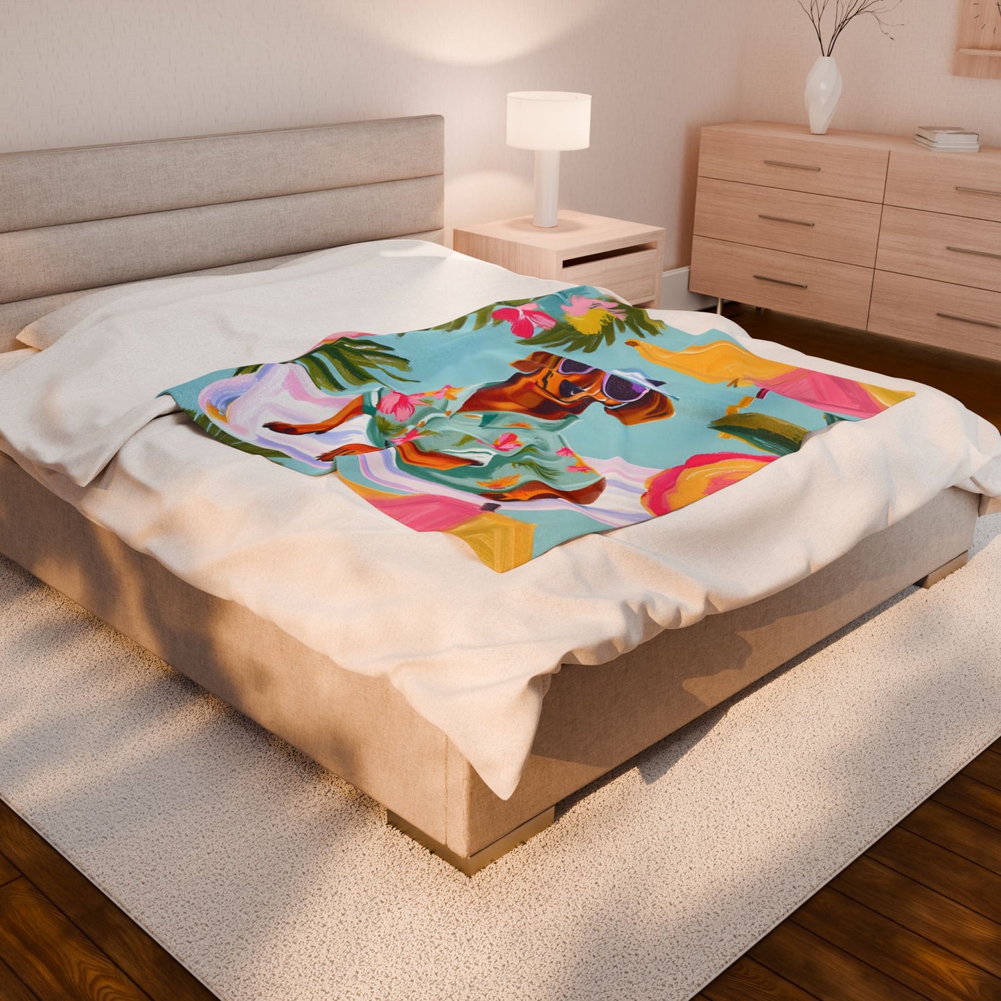 Vibrant Summer Dachshund Blanket, Cozy Throw, Dog Lover Gift, Animal Print Bedding, Weiner Dog