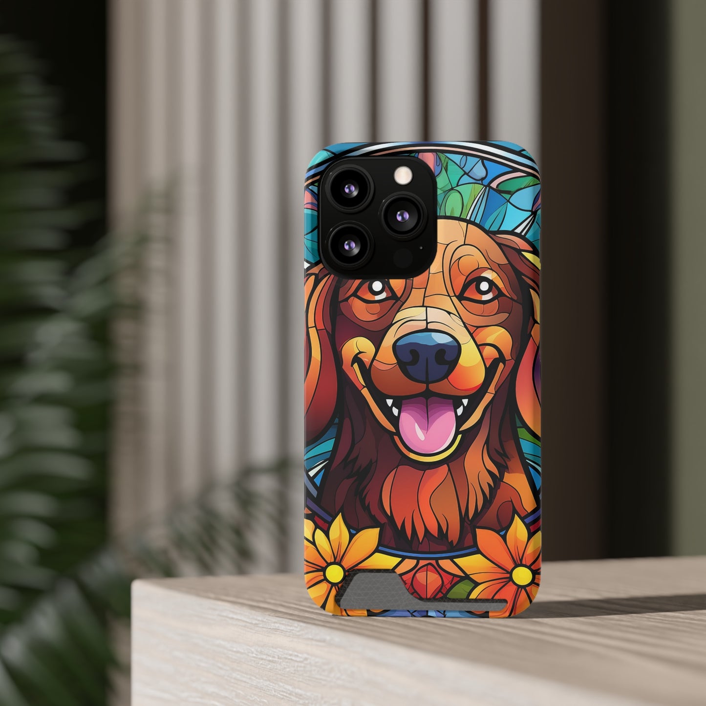Stained Glass Dachshund Phone Case, Trendy Wallet Case for Dog Lovers, Cute Card Holder Cover