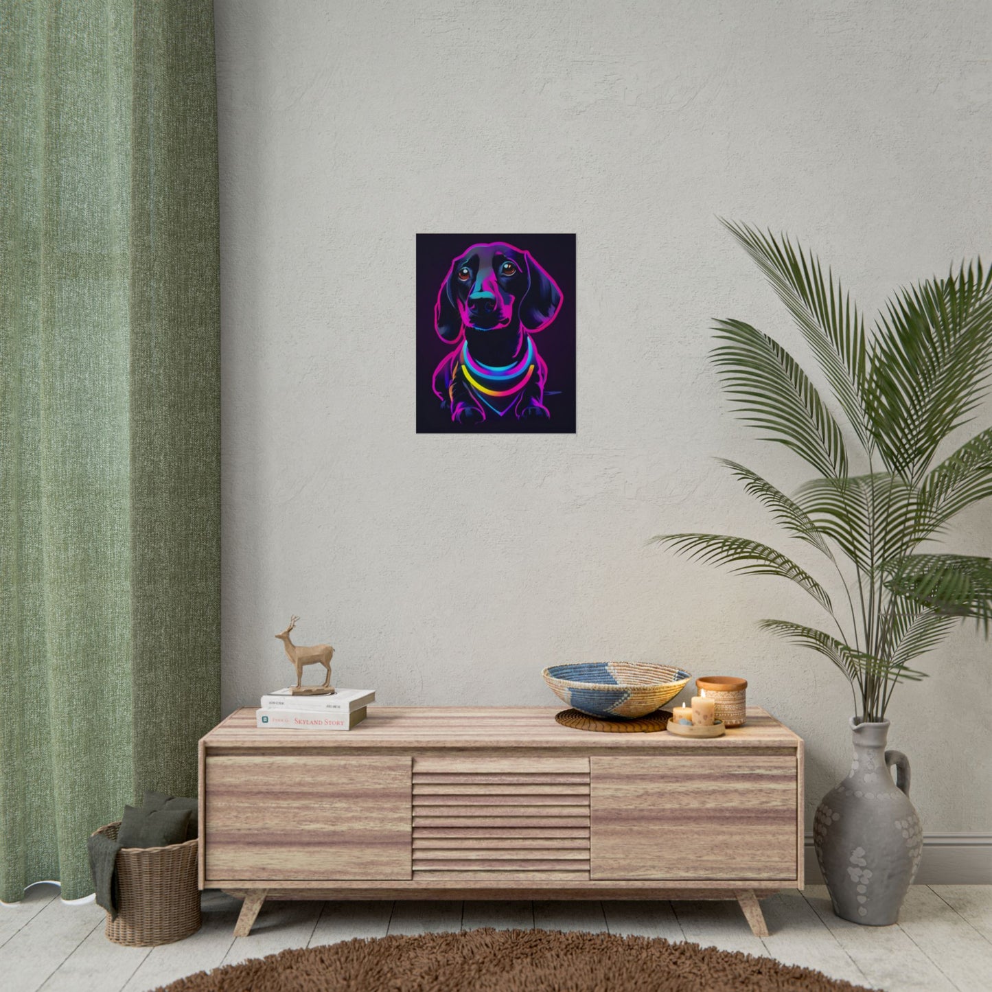 Neon Dachshund Poster Dog Wall Art Print, Animal Lover Blacklight Kids Room Decoration