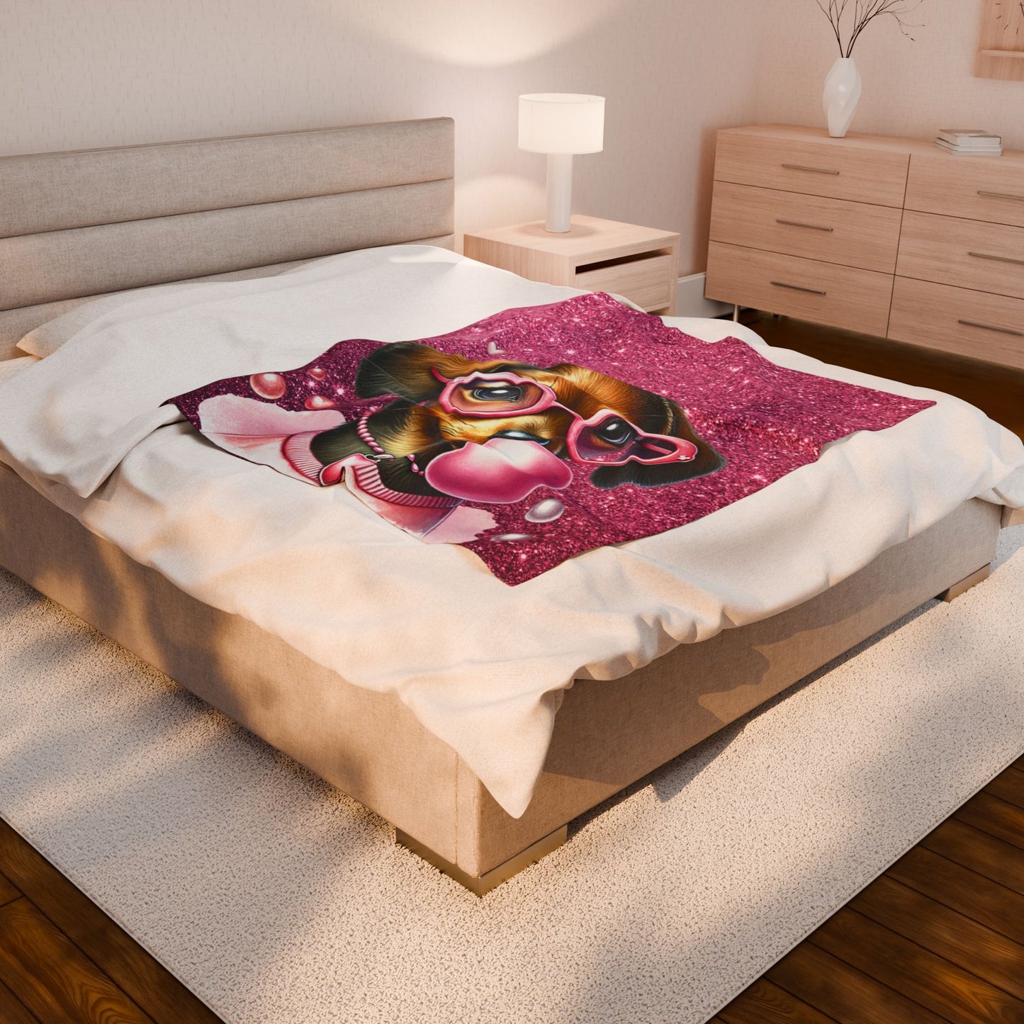 Velveteen Plush Blanket, Pink Glittery Dachshund Puppy Blanket, Teen Kids Room
