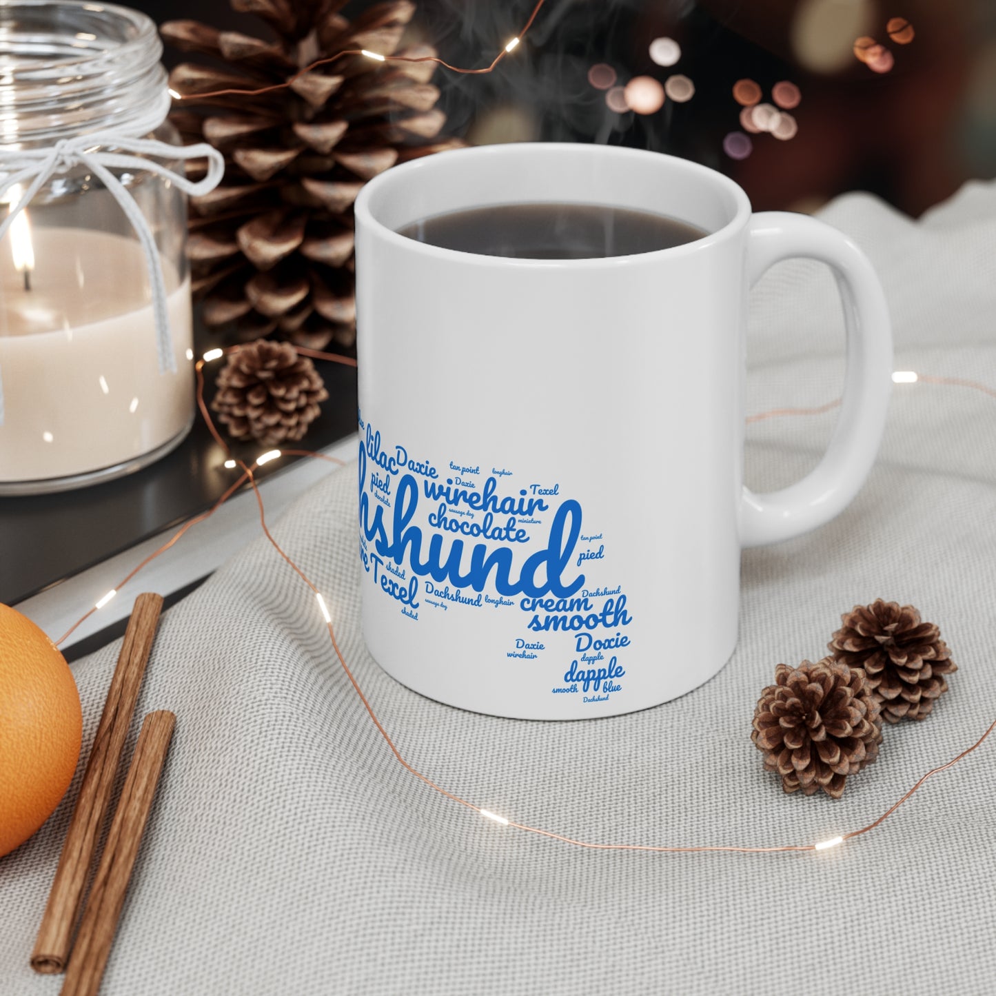Blue Letters Dachshund Mug Cute Dog Lover Gift, Fun Coffee Cup Weiner Dog