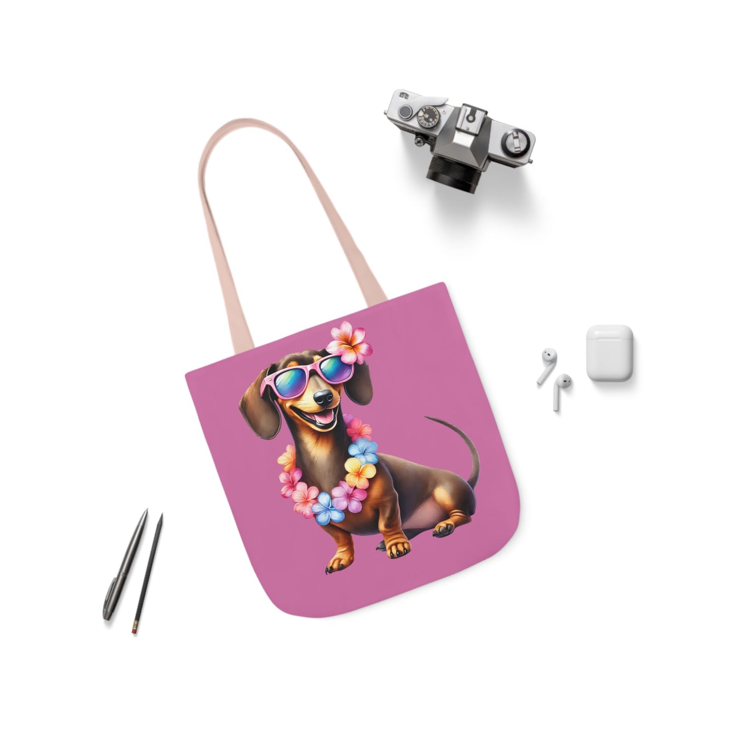 Dog Lover's Canvas Tote Bag - Fun Dachshund Design, Beach, Travel Pet Hawaii Lei