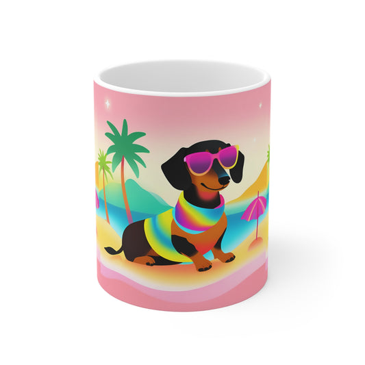 Neon Summer Dachshund Mug, Cute Dog Lover Gift, Fun Coffee Cup Weiner Dog