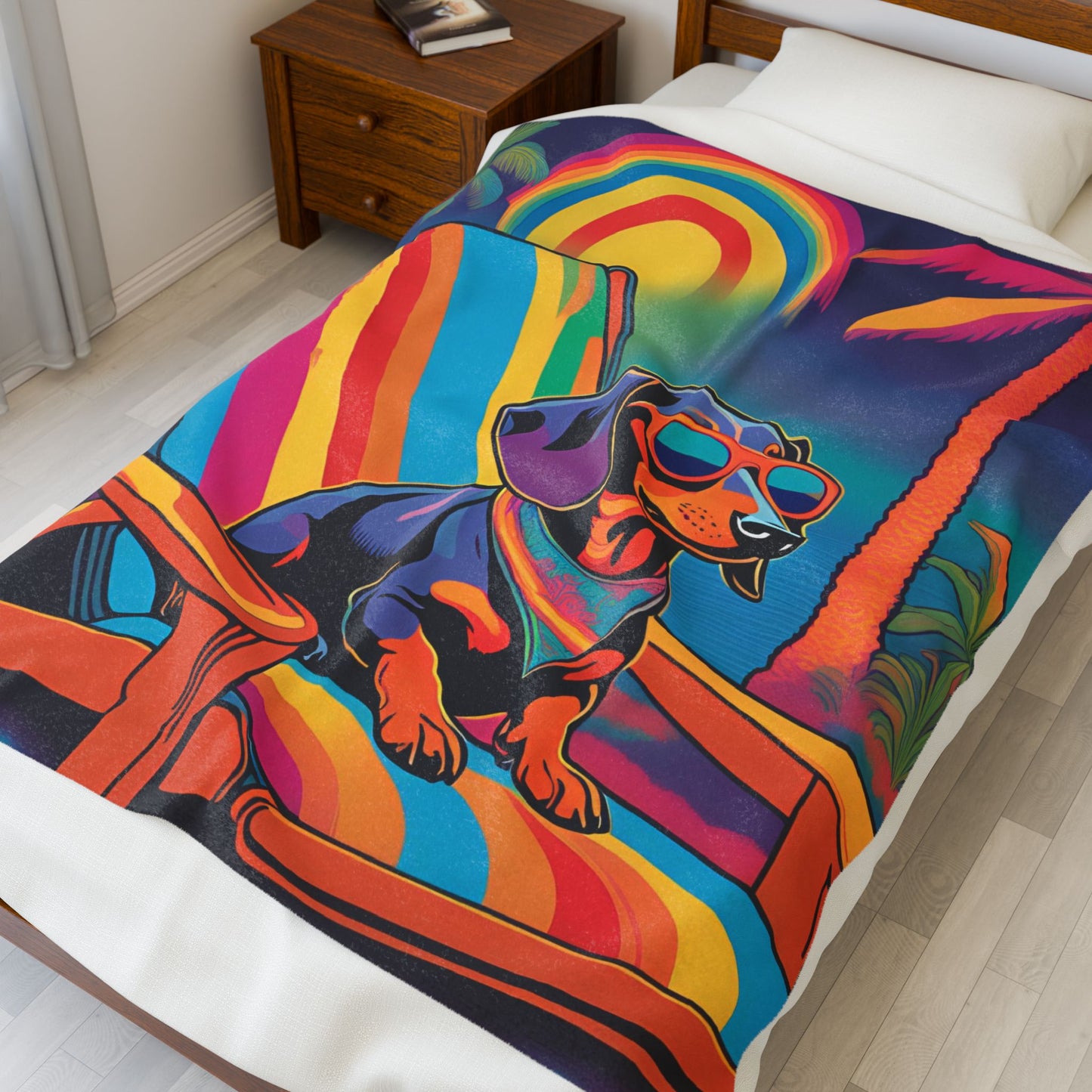 Vibrant Summer Dachshund Blanket, Cozy Throw, Dog Lover Gift, Animal Print Bedding, Weiner Dog