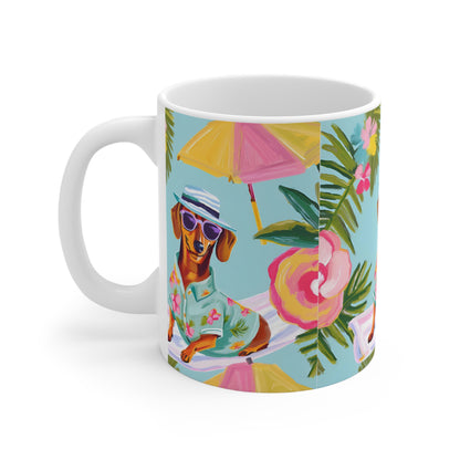 Summer Dachshund Mug, Cute Dog Lover Gift, Fun Coffee Cup Weiner Dog
