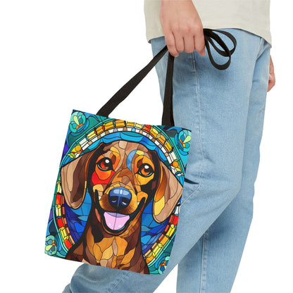 Stained Glass Red Dachshund Puppy Tote Bag Bright and Cheerful Weiner