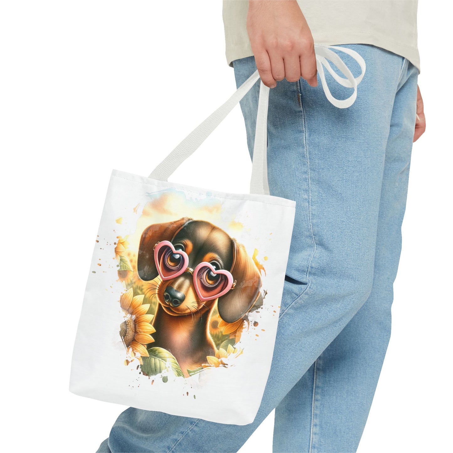 Adorable Red Dachshund Puppy Tote Bag Bright and Cheerful Weiner Sunflowers