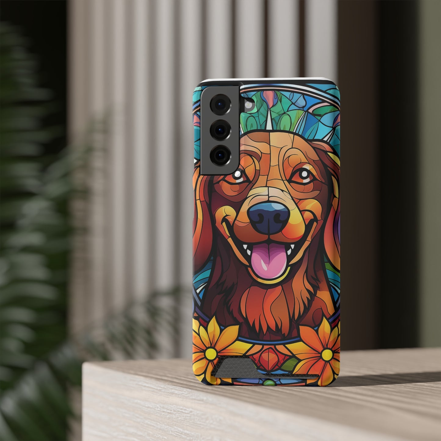 Stained Glass Dachshund Phone Case, Trendy Wallet Case for Dog Lovers, Cute Card Holder Cover