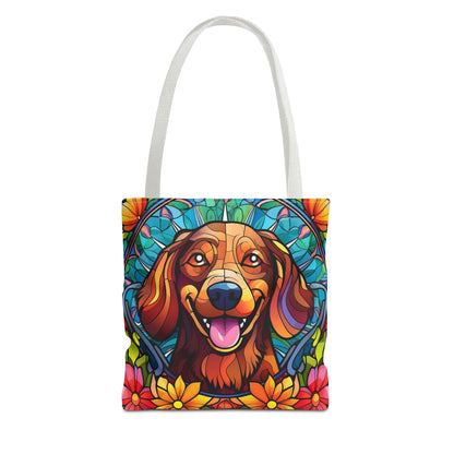 Stained Glass Red Dachshund Puppy Tote Bag Bright and Cheerful Weiner
